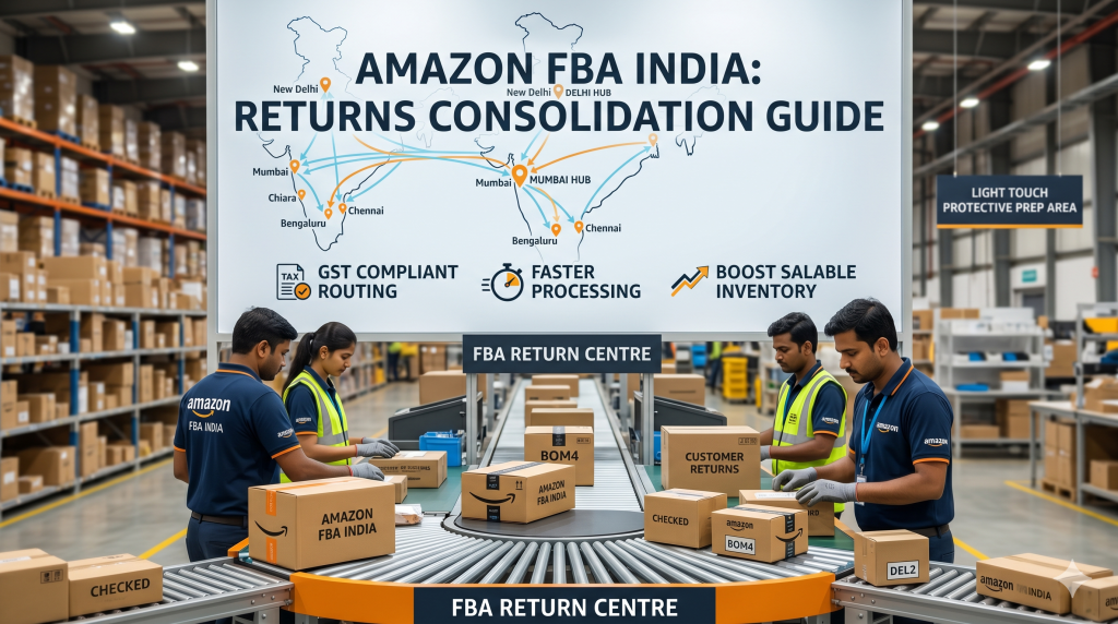 Infographic inside an Amazon FBA India return center showing warehouse workers processing customer returns on a conveyor belt with packages labeled BOM4 and DEL2. A background map of India details the return consolidation routing process with text emphasizing GST compliance, faster processing, and boosted salable inventory